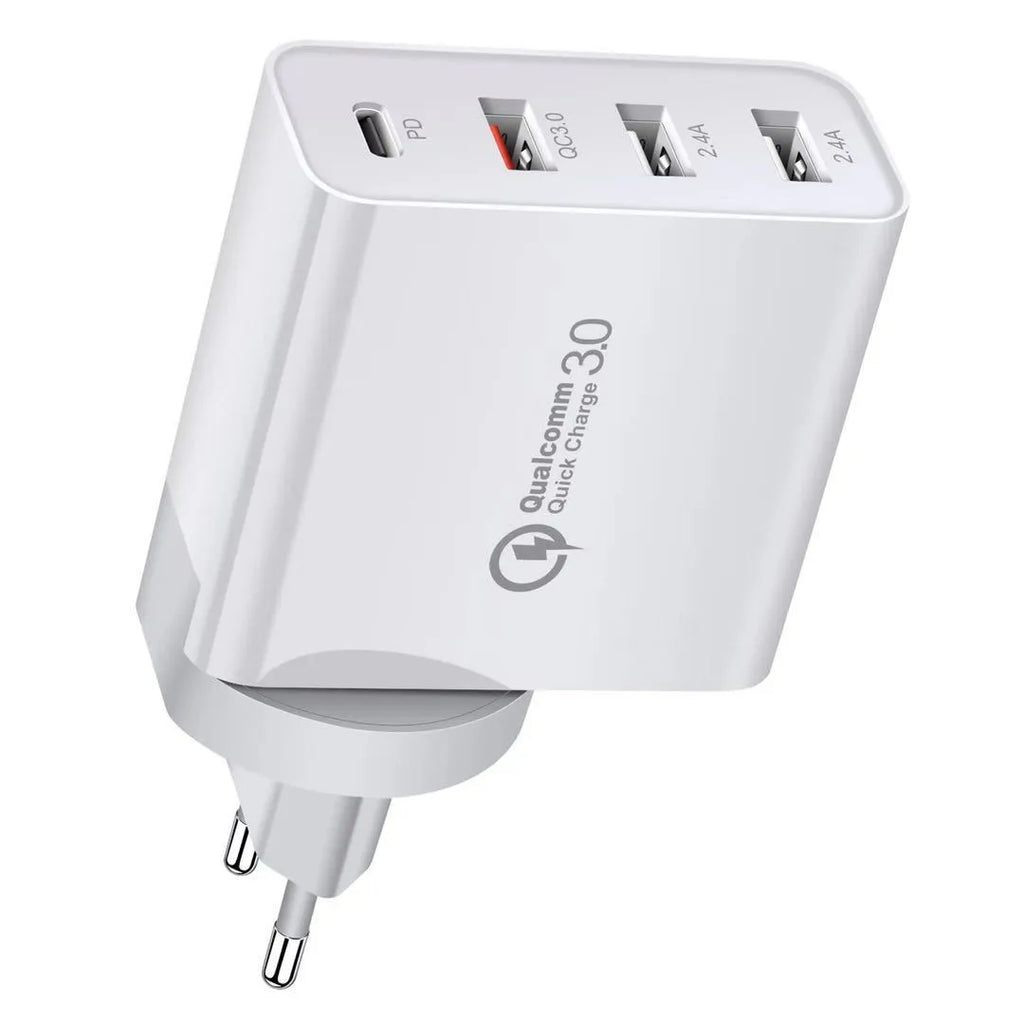 Multi-port mobile phone fast charger with PD and QC technology in black ABS plastic housing