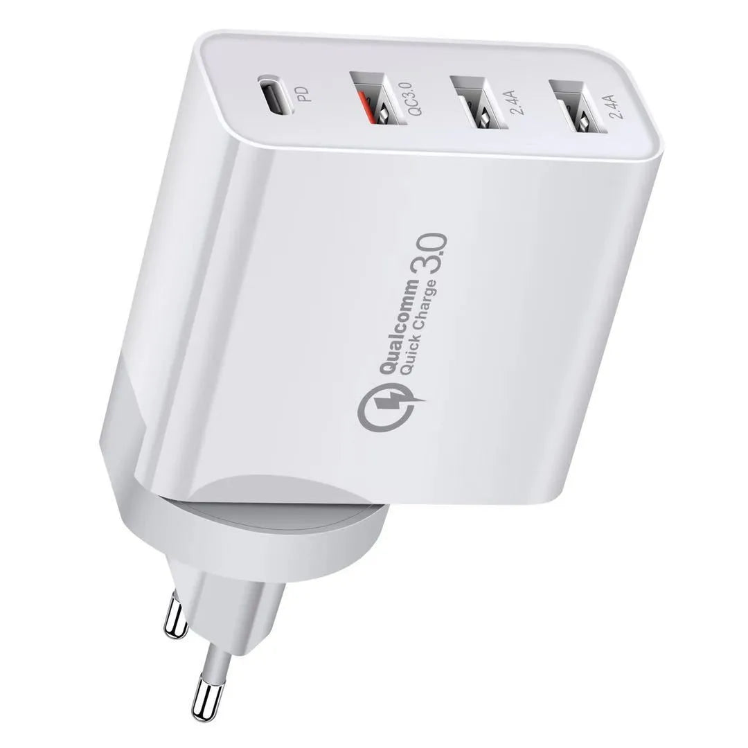 Multi-port mobile phone fast charger with PD and QC technology in black ABS plastic housing
