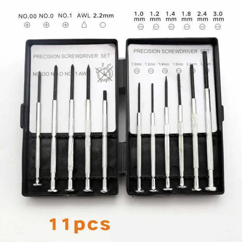TH-6177 11-piece clock screwdriver set with multiple head types on a workbench.