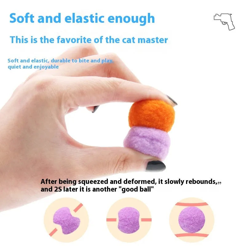 Pet toy set showing 30cm plush launcher gun and several soft 3cm yarn balls for dog fetch games