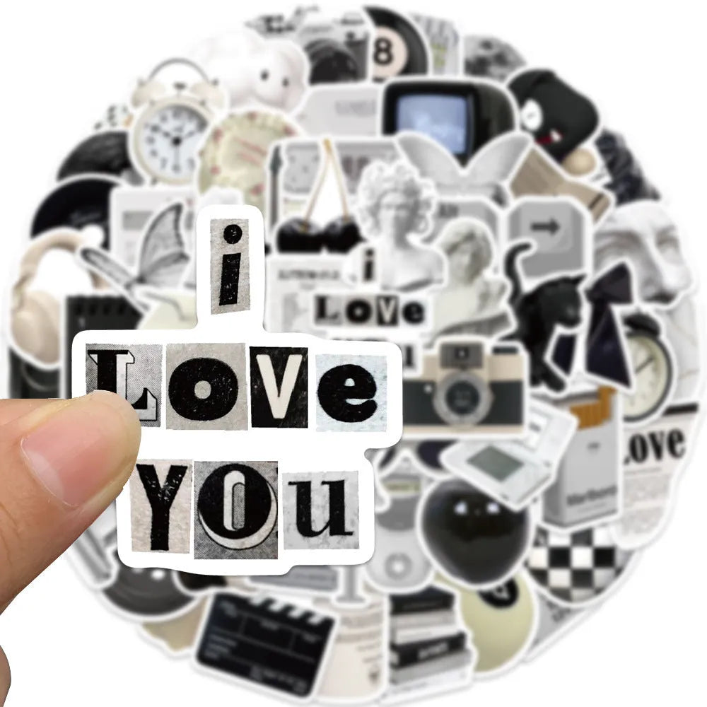 61 piece black and white waterproof PVC sticker set for multiple surfaces