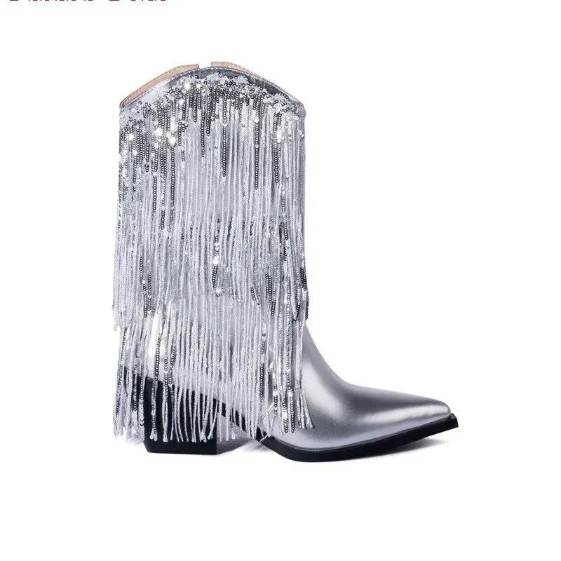 Women's black chunky heel tassel boots with stiletto heel and pointed toe on a white background.