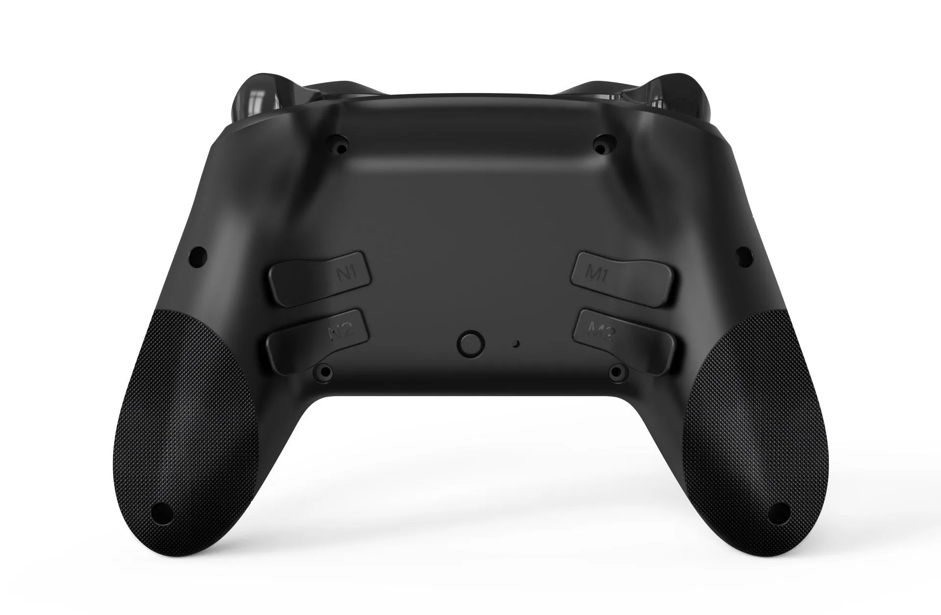 Black wireless game controller for Nintendo Switch with a leather-pattern texture on the grips.