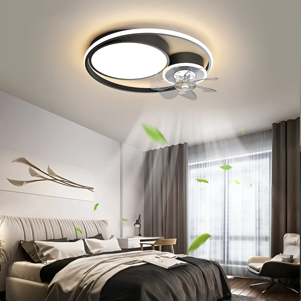 Nordic style ceiling fan light with integrated lamp and metal blades in black or gold finish.