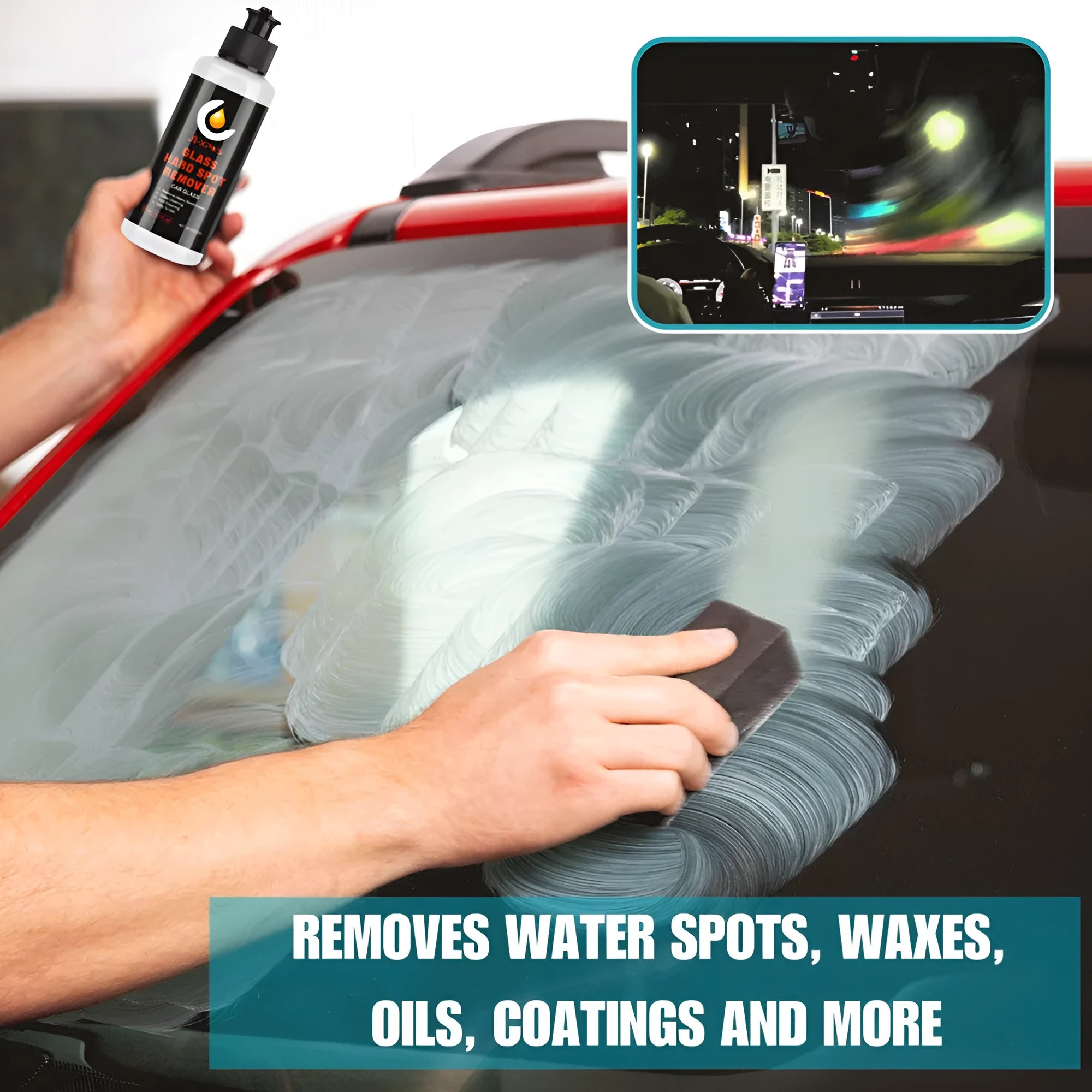 Glass oil film remover cleaning cream paste in 50ml, 100ml, and 200ml size bottles.
