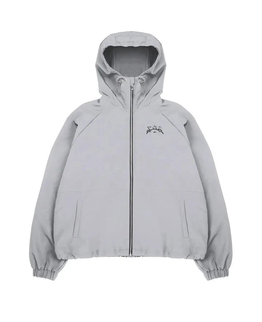 Men's grey hooded sunscreen jacket with loose British style fit on a middle-aged model