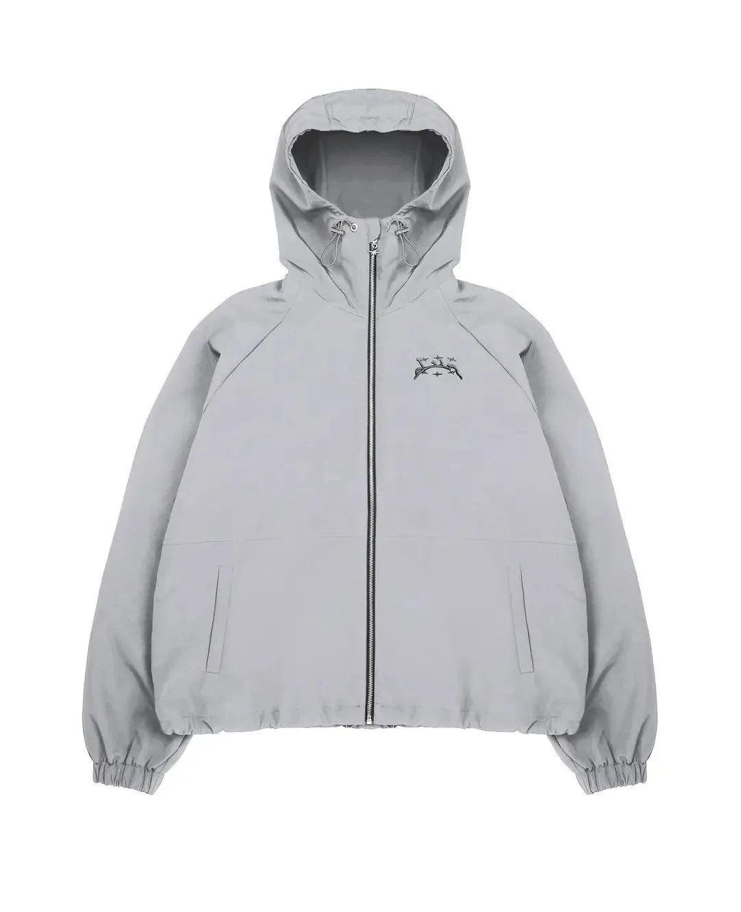 Men's grey hooded sunscreen jacket with loose British style fit on a middle-aged model