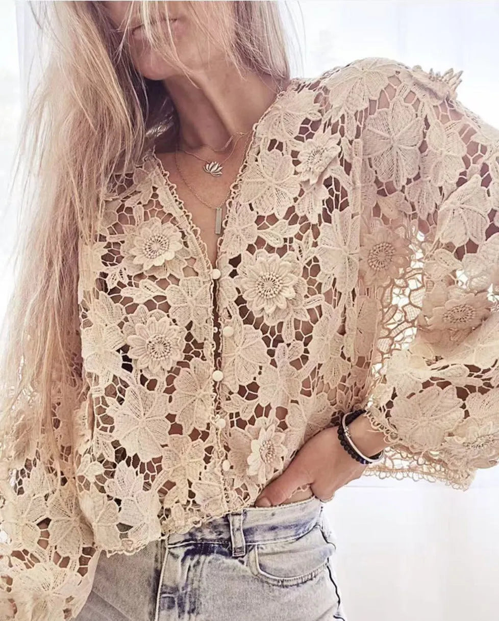Women's lace cardigan with three-dimensional flower decoration and V-neck design in loose street fashion fit