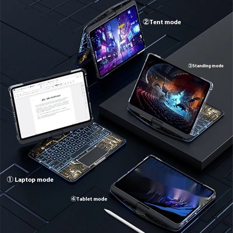 Transparent rotating keyboard case for iPad Air 5 tablet showing wireless keyboard and 360° magnetic stand
