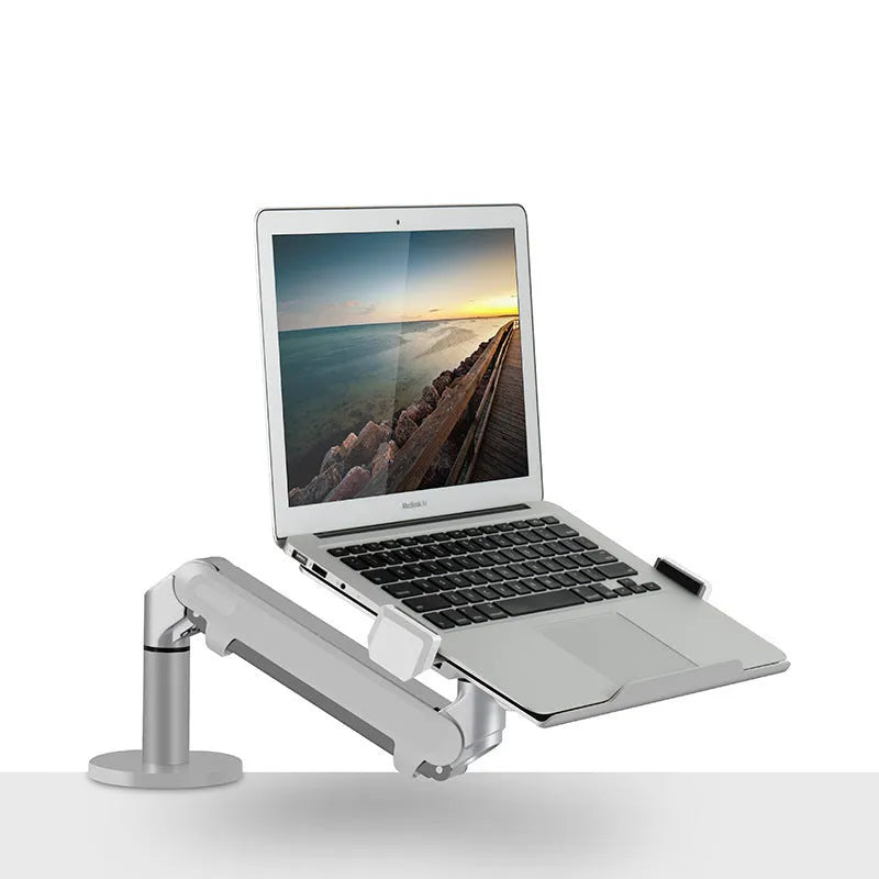 Silver aluminium VESA laptop mounting bracket with adjustable air pressure arm mechanism
