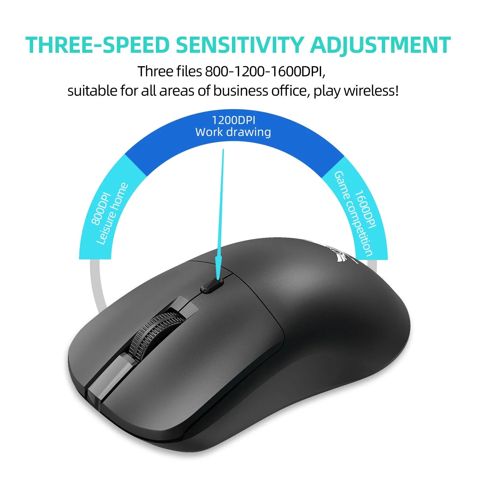 Black wireless mouse with three audio control buttons for laptop use