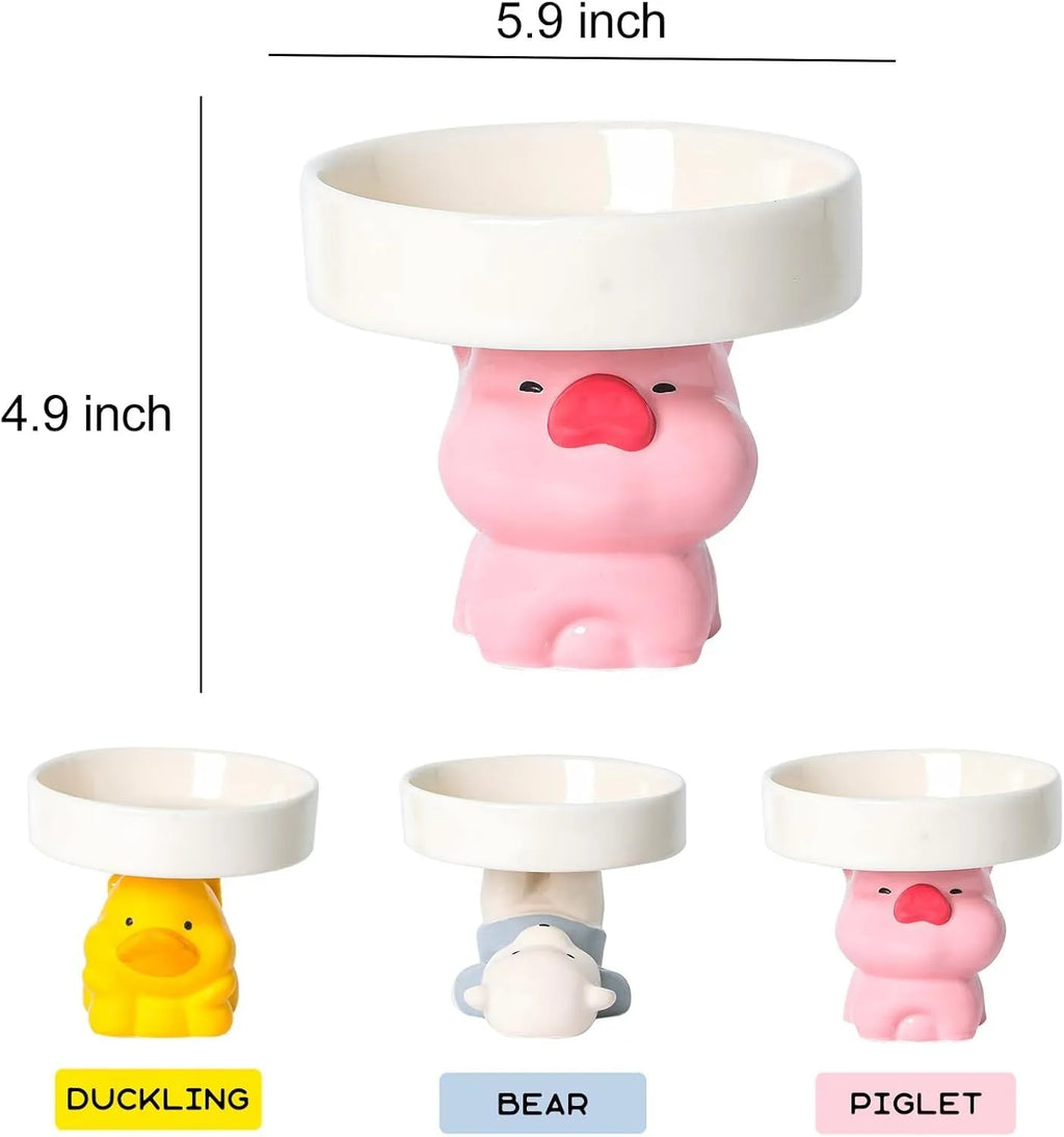 Ceramic raised cat bowl in animal theme design on white background