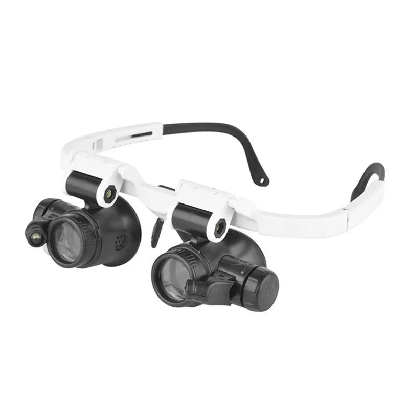 White head mounted magnifying glass with LED light, shown folded and unfolded