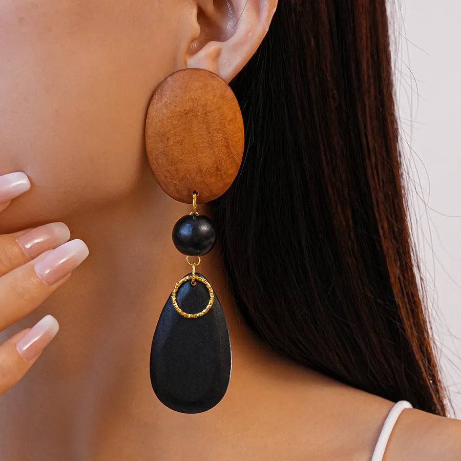Handmade wooden ellipse earrings in silver needle-brown-black colour retro women's jewellery