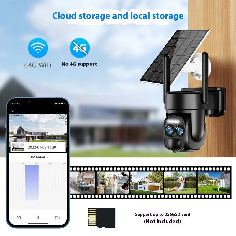 Solar panel mounted on a security camera with zoom lens for outdoor surveillance