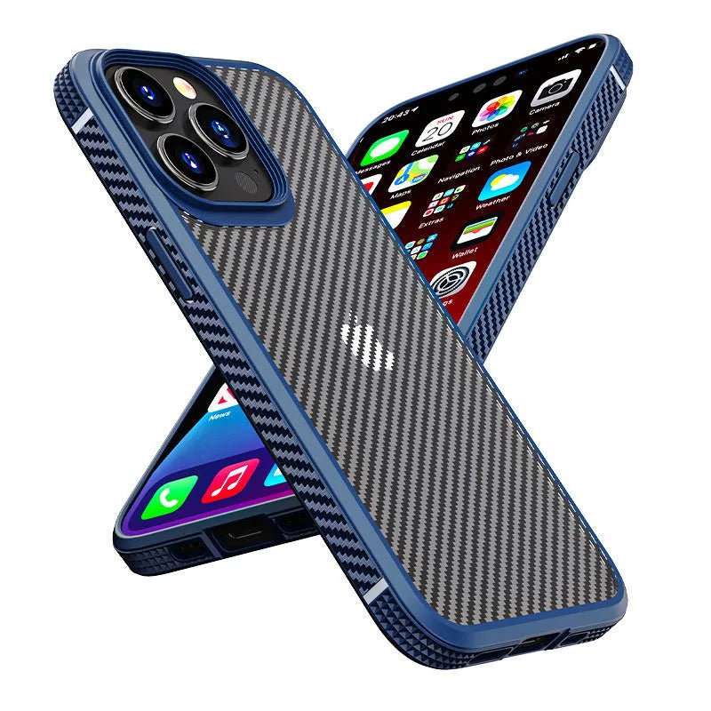 iPhone 13 series protective case in black with carbon fibre pattern and dual-material TPU/PC construction