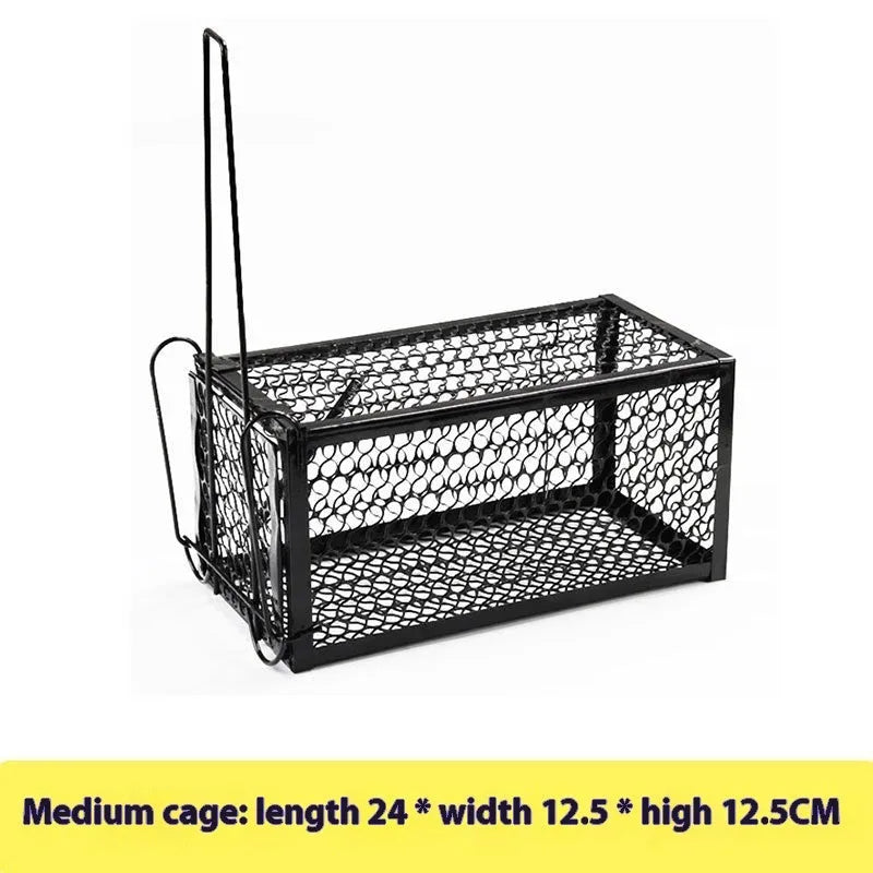 Automatic mouse trap cage with metal spring mechanism and plastic housing in multiple sizes for indoor rodent control