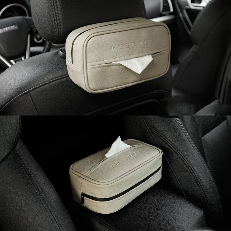Black leather hanging organiser box with dimensions 230mm x 110mm x 90mm for car storage