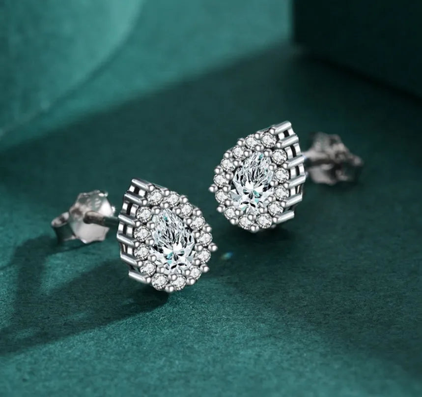 Women's 925 sterling silver drop ear studs with water drop shape and diamond treatment