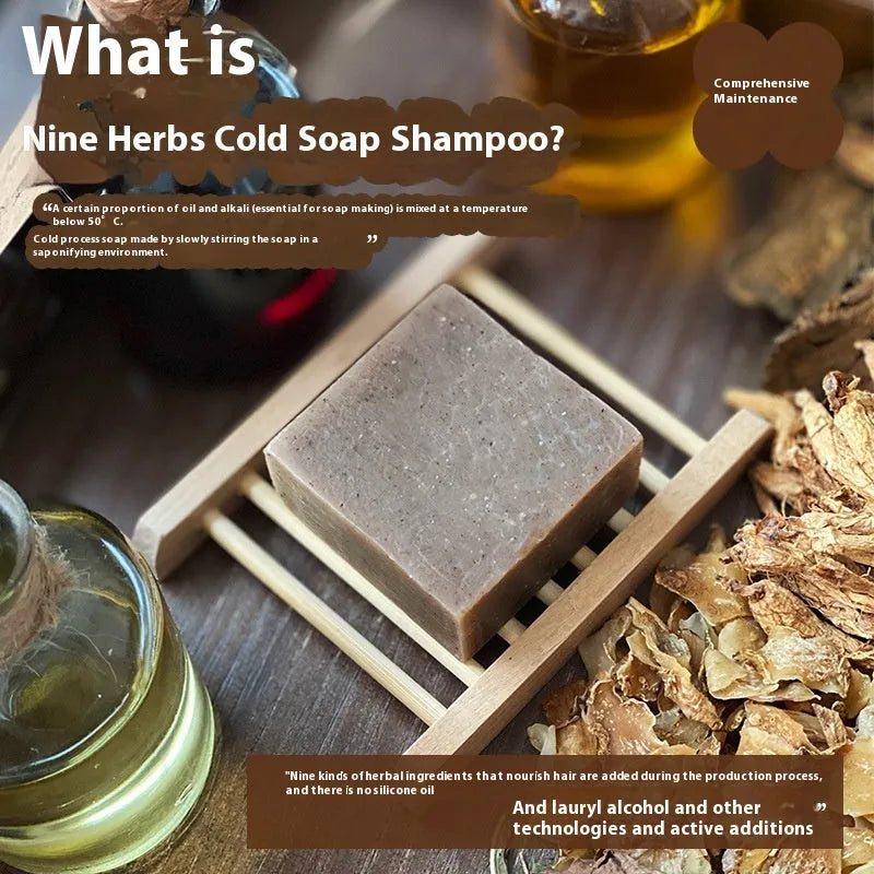 A single 72g bar of nine herb cold process shampoo soap, free from silicone oils.