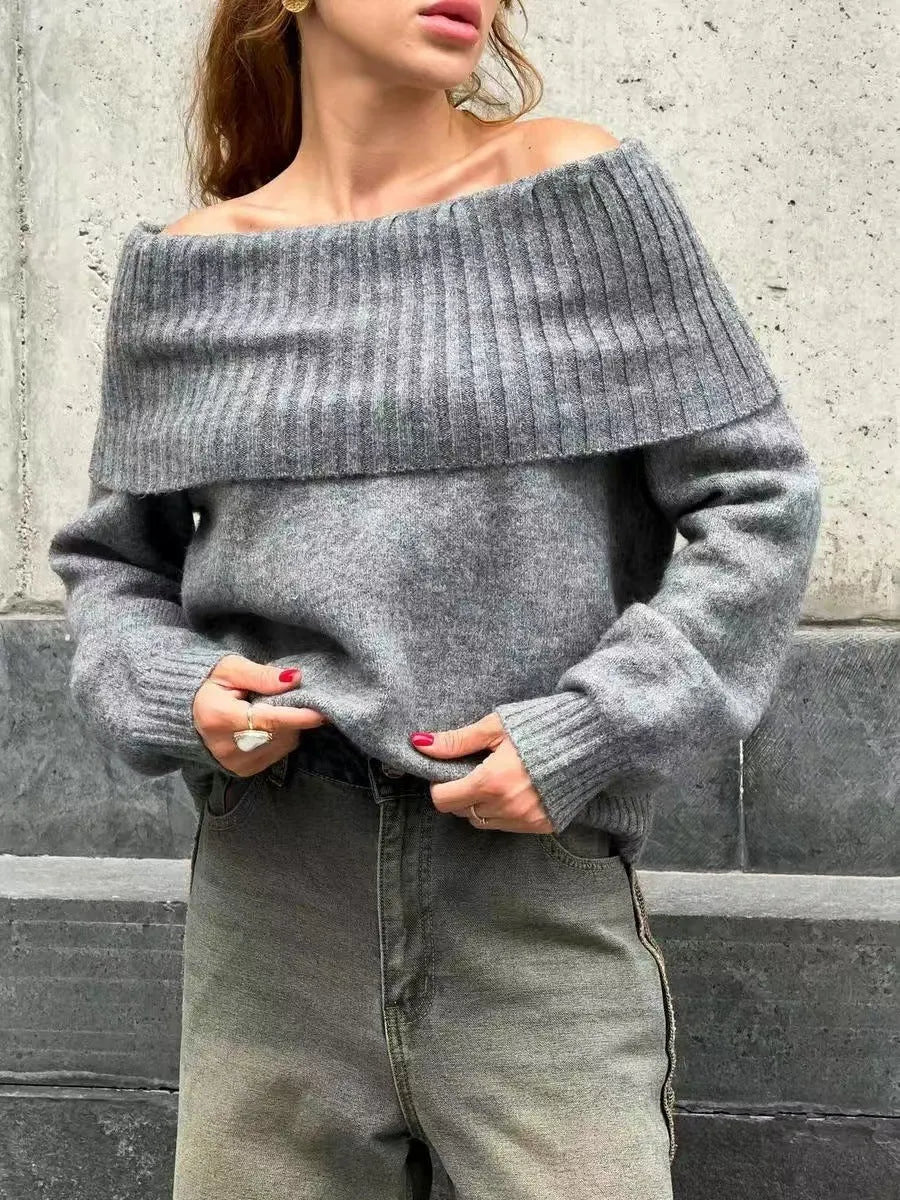 Grey off-the-shoulder sweater with 3D pattern effect and strapless design