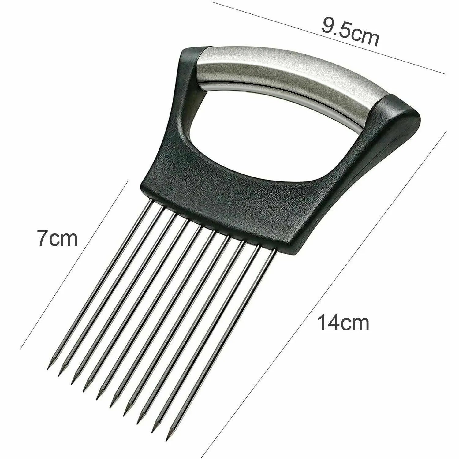 Stainless steel and ABS onion holder slicer for securing tomatoes and vegetables during cutting.