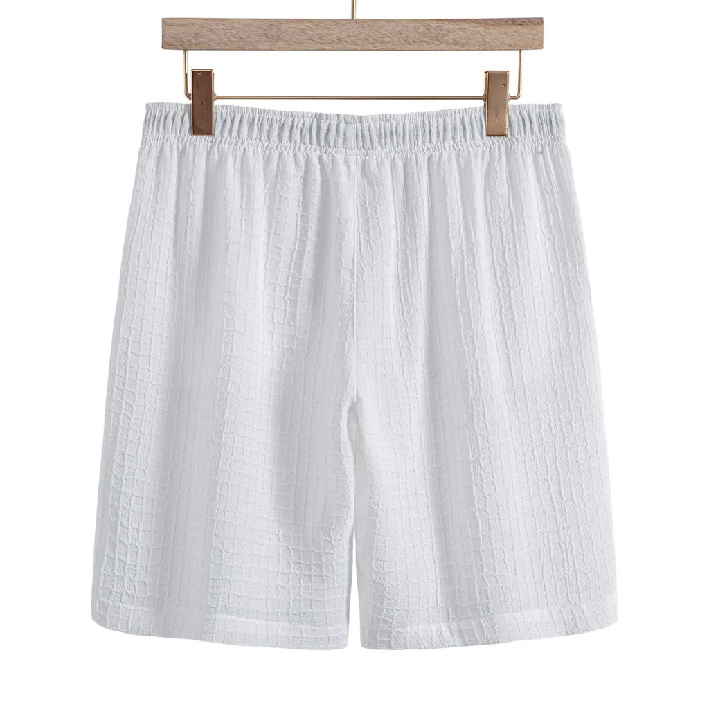 Men's white jacquard cotton blend short sleeve shirt and matching shorts casual two-piece set