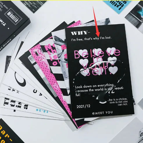 Boxed set of two fresh style printed postcards with messages 'Time Not Arrived' and 'Warm Wind Not Exhausted'.