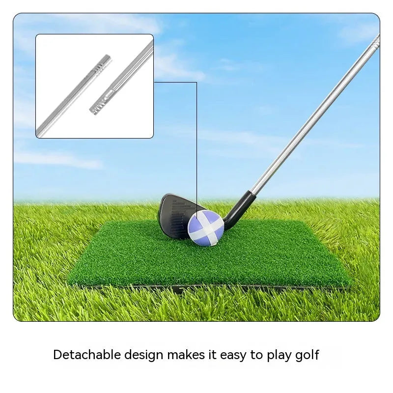 Metal golf club set showing adult and children's clubs for backyard practice