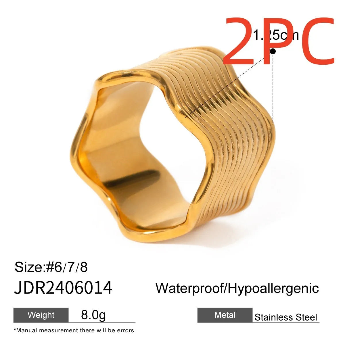 Stainless steel geometric wave ring with a wide surface, Korean-style women's fashion jewellery.