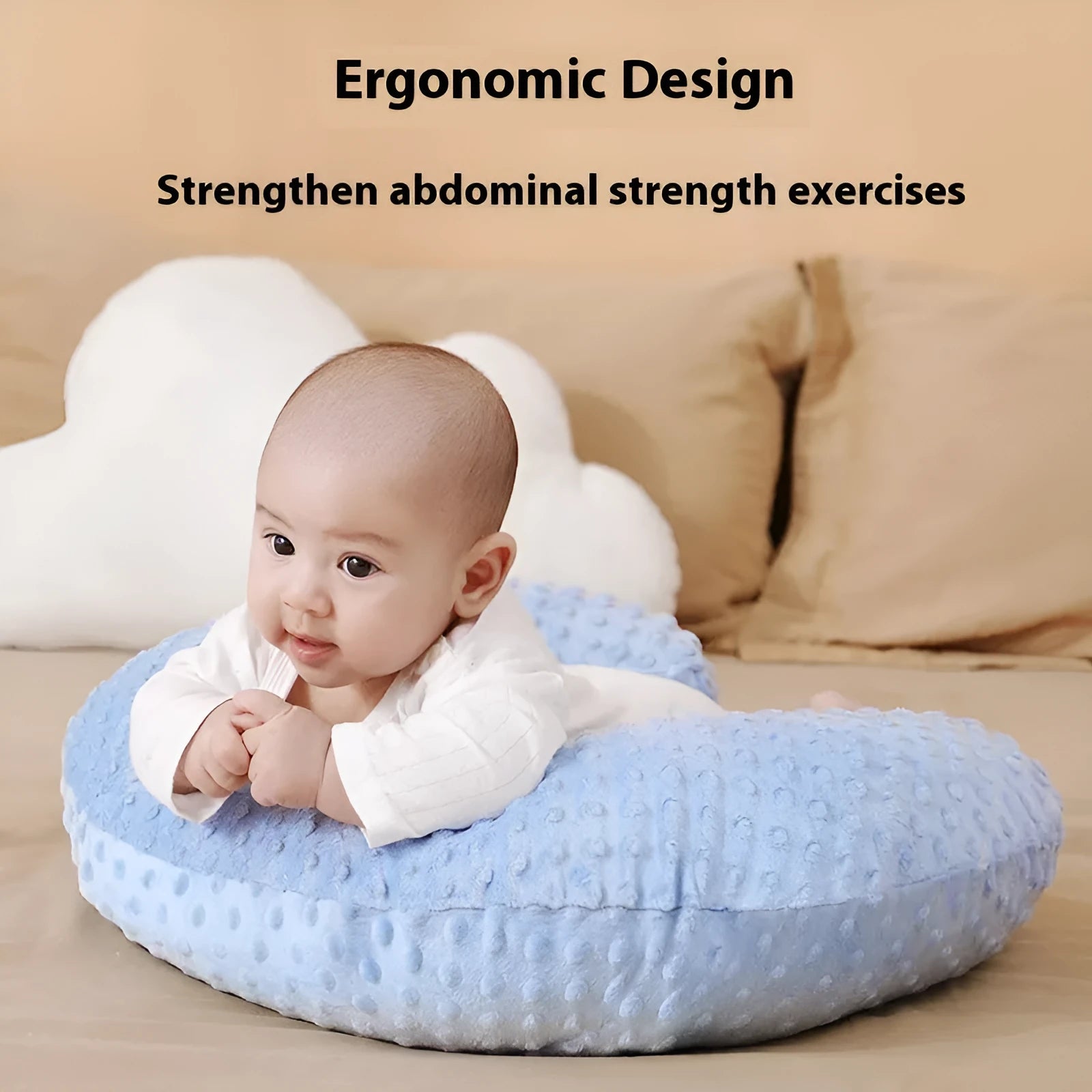 Multifunctional nursing pillow for breastfeeding support in grey, blue, pink, or yellow with removable cover.