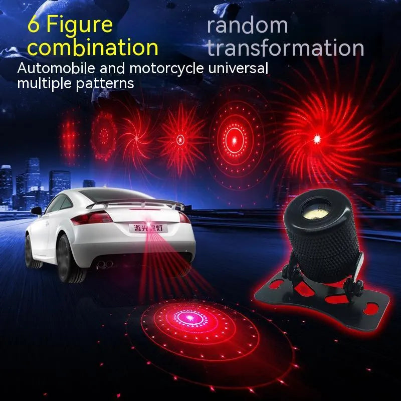 Red laser fog lamp with aluminium housing for car and motorcycle anti-collision safety.