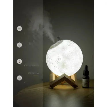 Spherical lunar humidifier night light with white LED lighting and USB charging cable