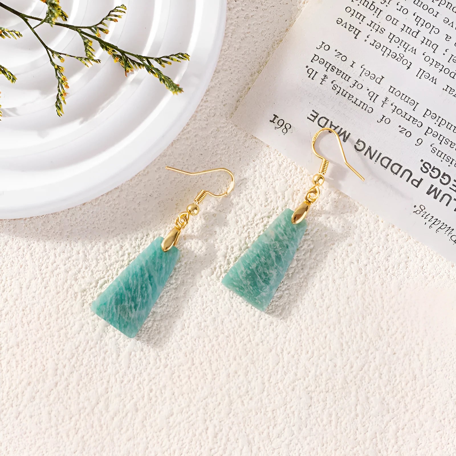 Amazonite rough stone trapezoid geometric earrings with gold or silver plating