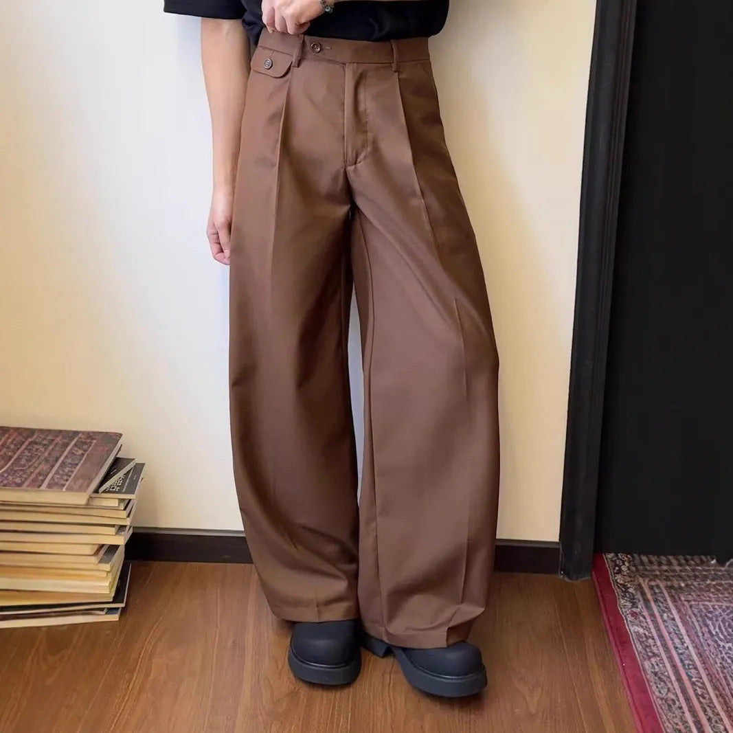 Men's brown straight-leg loose wide-cut casual trousers on a hanger
