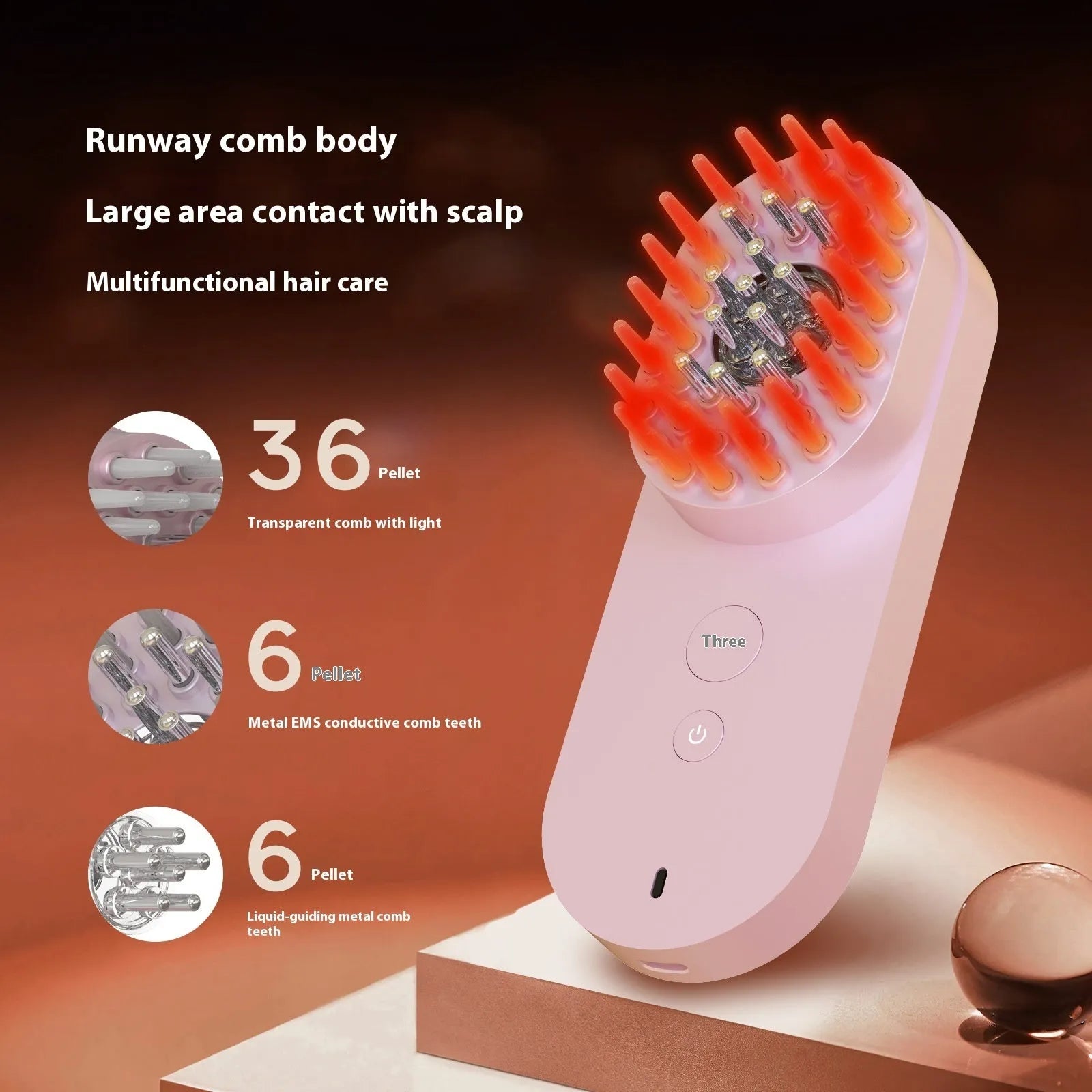 Pink and black smart massage comb with red light therapy for hair care under 10cm