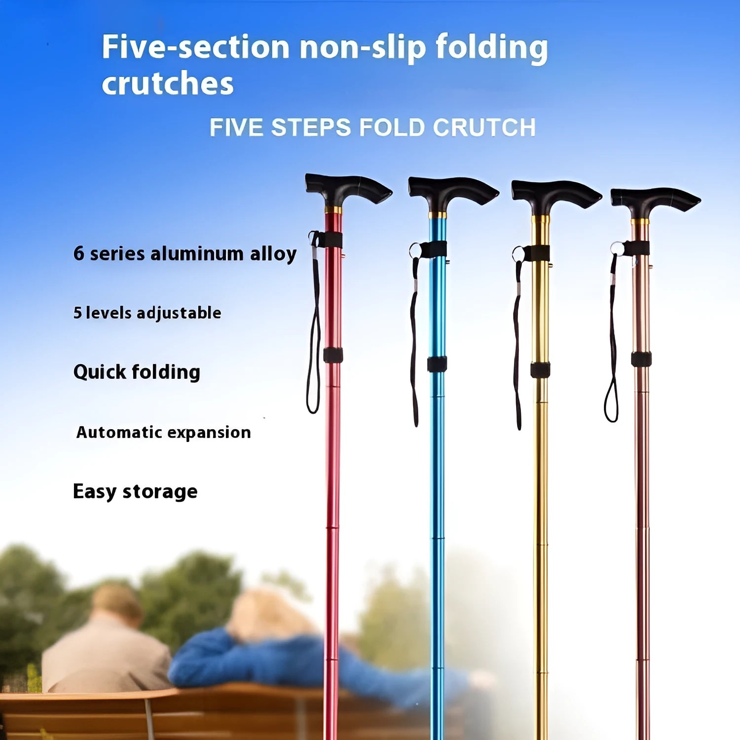 Aluminium folding walking stick adjusted to mid-length, showing non-slip rubber tip.