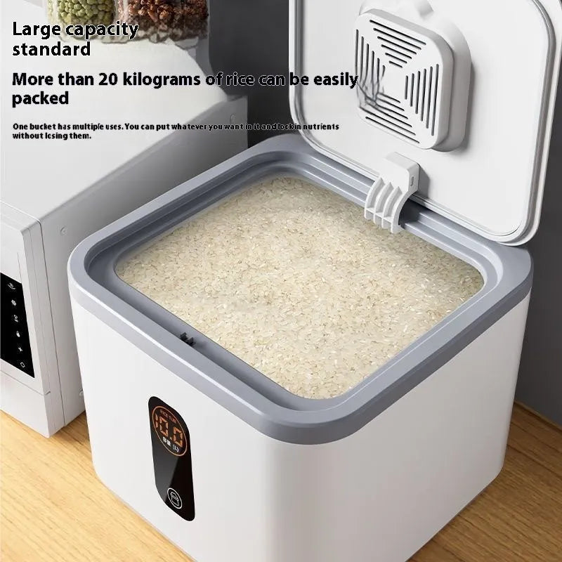 Grey plastic insect-proof rice storage jar with lid and measuring cup in 10kg, 20kg, or 30kg size.