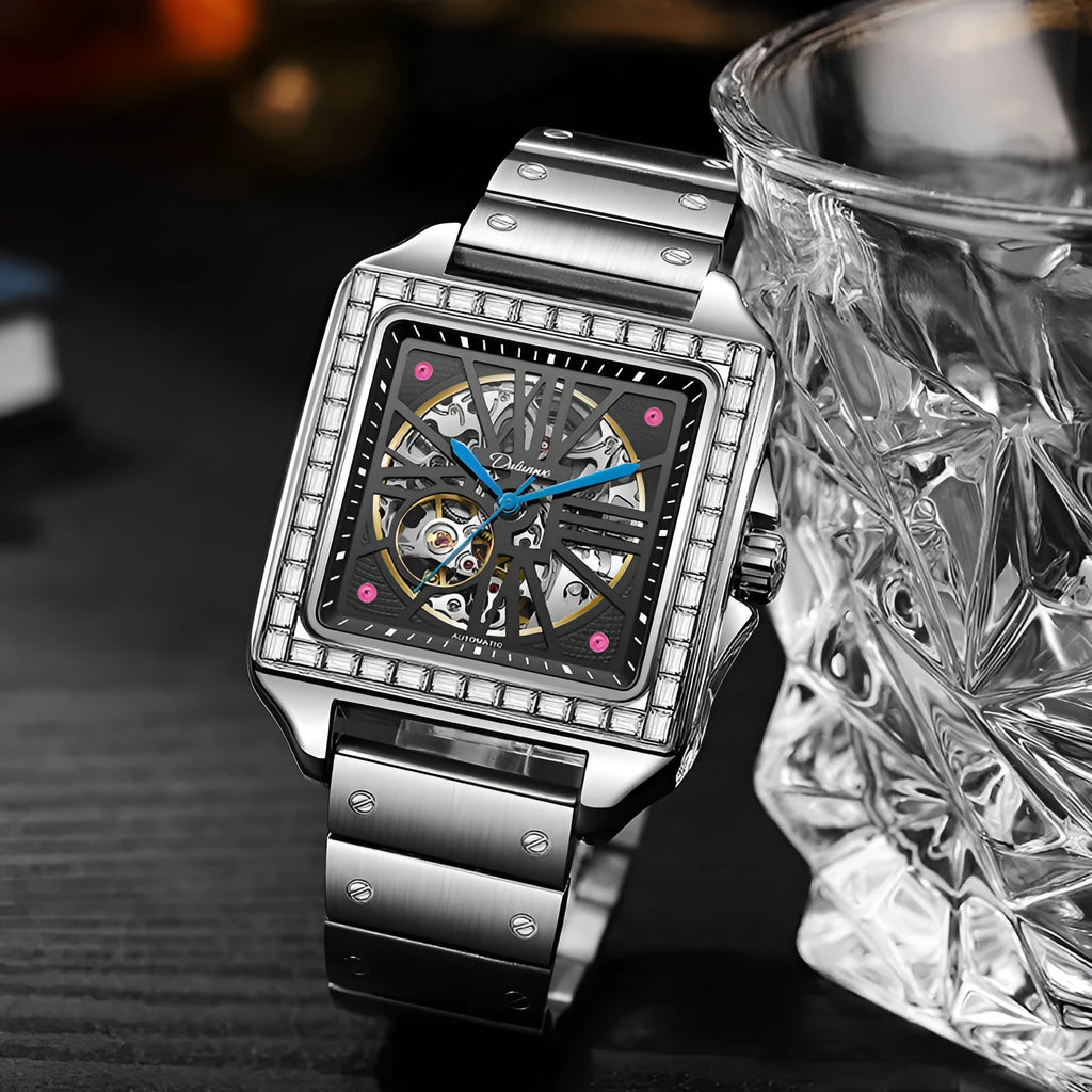 Men's square automatic watch with diamond studs on case, business style with black or white strap options.