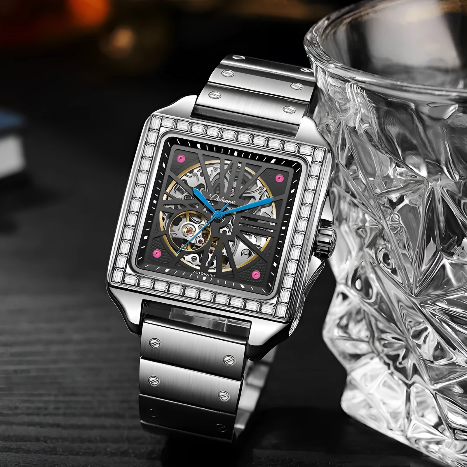 Men's square automatic watch with diamond studs on case, business style with black or white strap options.