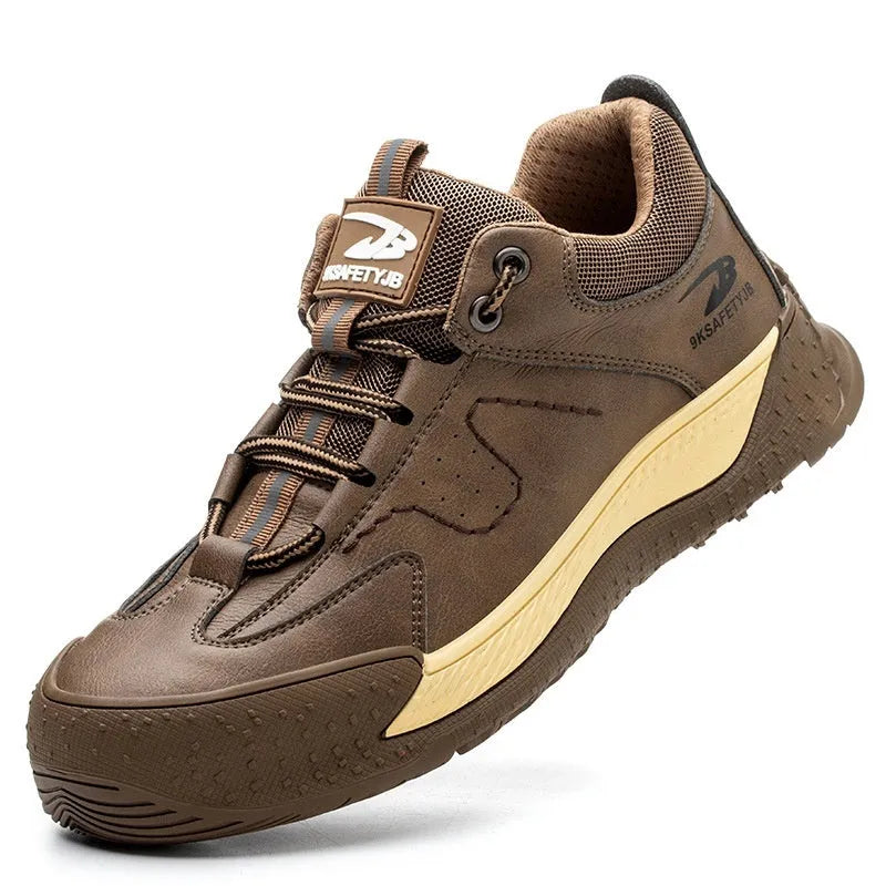 Leather Flyknit safety work shoes with rubber sole shown in black, grey, khaki, and brown colour options.