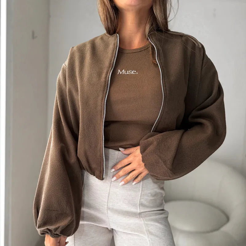 Women's off-shoulder round neck short coat with lantern sleeves in polyester fabric