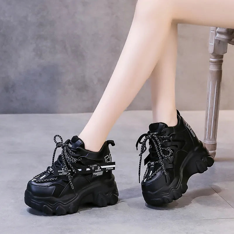 Women's white mesh platform tennis shoes with cross-strap and 6-8cm rubber sole.