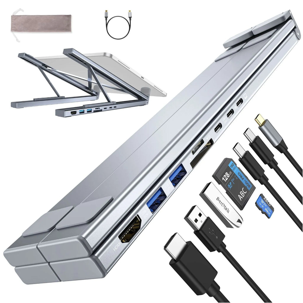 Aluminium alloy folding 8-in-1 docking station with laptop stand function