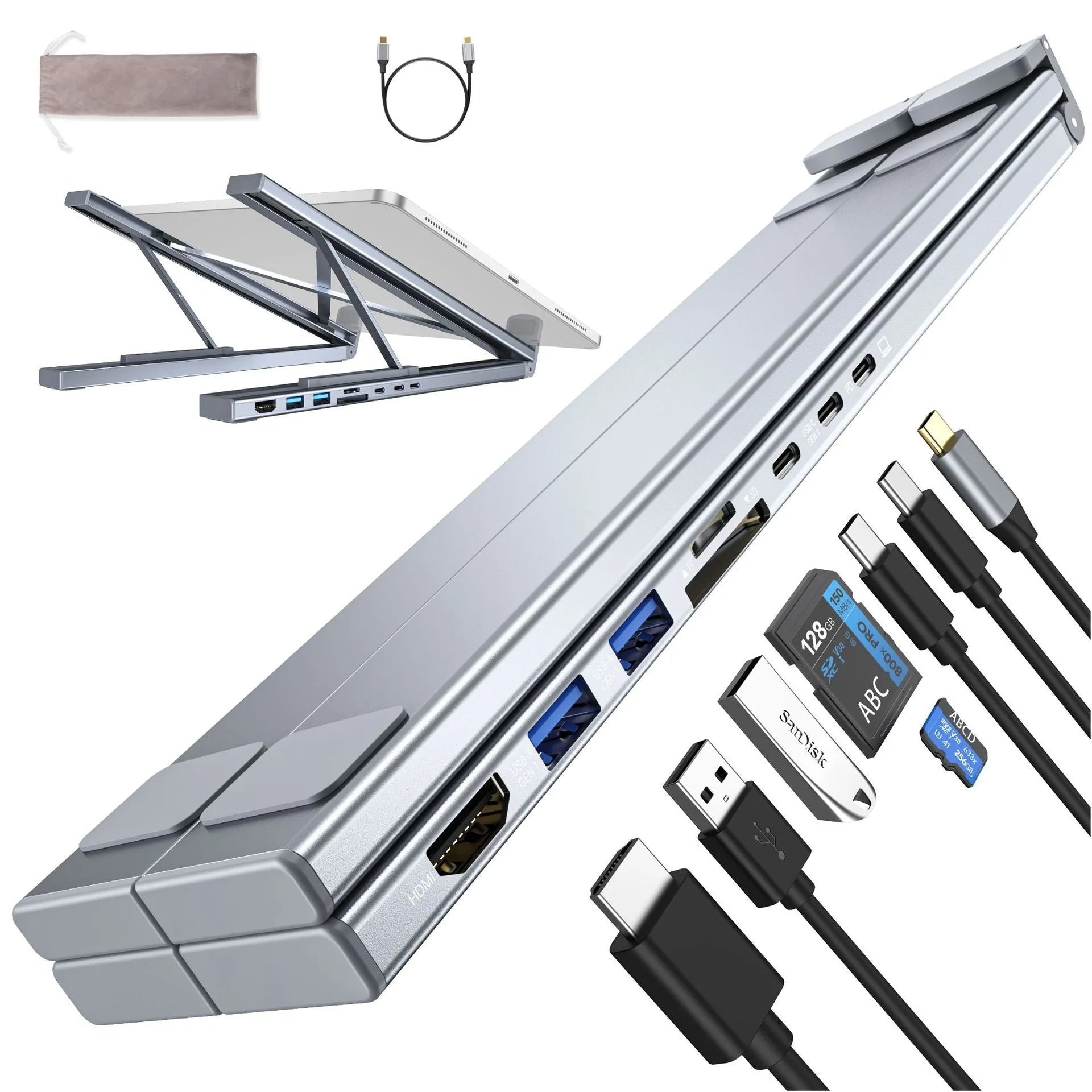 Aluminium alloy folding 8-in-1 docking station with laptop stand function