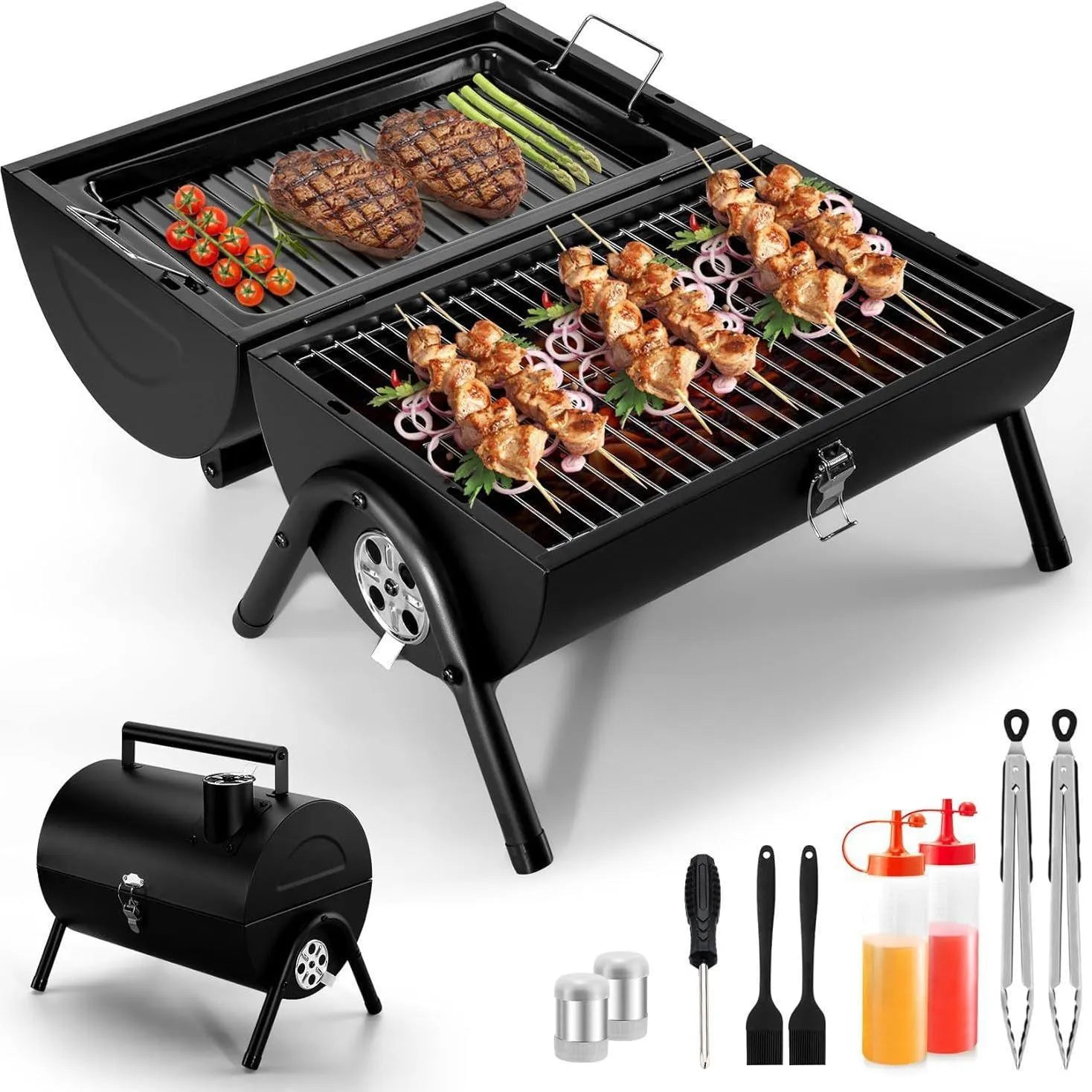 Small folding desktop charcoal barbecue stove with a metal grill on top.
