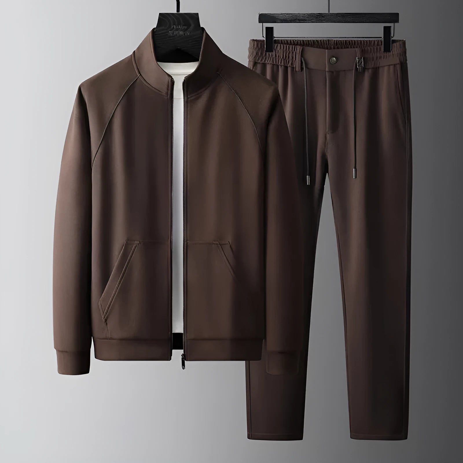 Men's stand collar slim-fit sports suit jacket and trousers in black, coffee, or black fleece-lined options.
