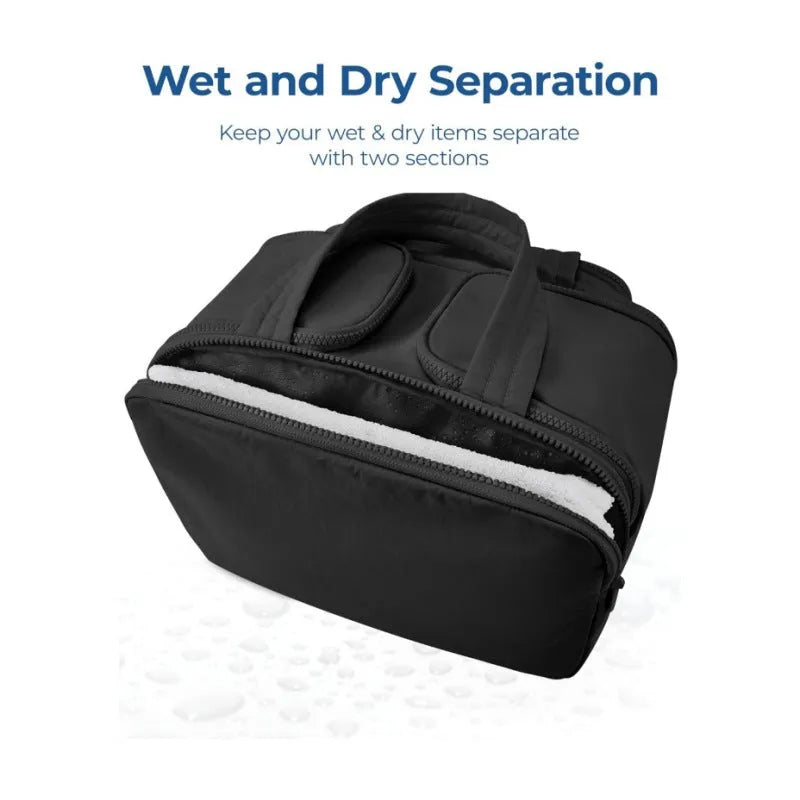 Large polyester travel toiletry bag with wide opening showing interior organisation space
