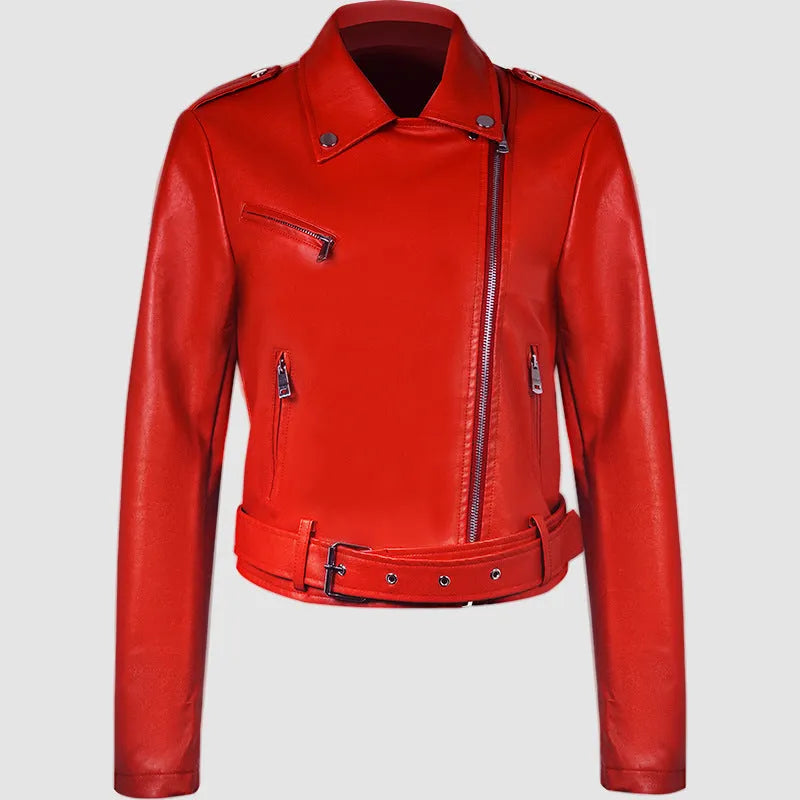 Women's red PU leather short jacket with a lapel collar and waist belt fastened.