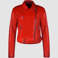 Women's red PU leather short jacket with a lapel collar and waist belt fastened.